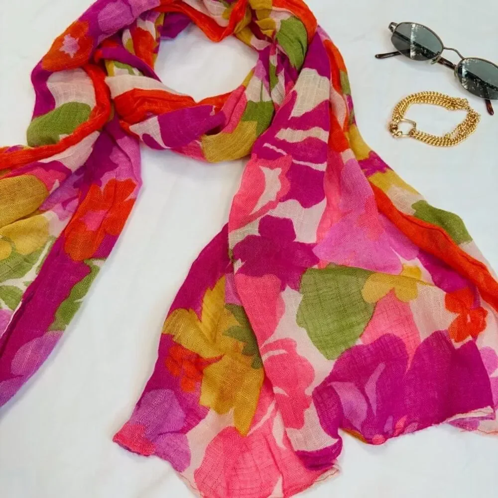 Tropical multicolor floral print lightweight scarf